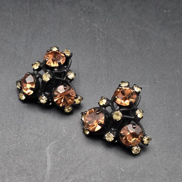 Vintage Joseph Warner Clip On Earrings Rhinestone Orange Champagne Japaned Black - Picture 7 of 8